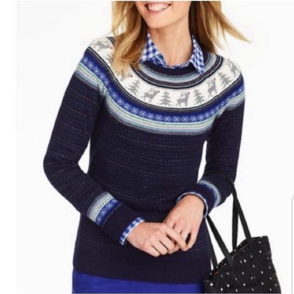 TALBOTS Fair Isle Reindeer Crewneck Sweater Lambswool Blend Size Petite Medium - Picture 9 of 9